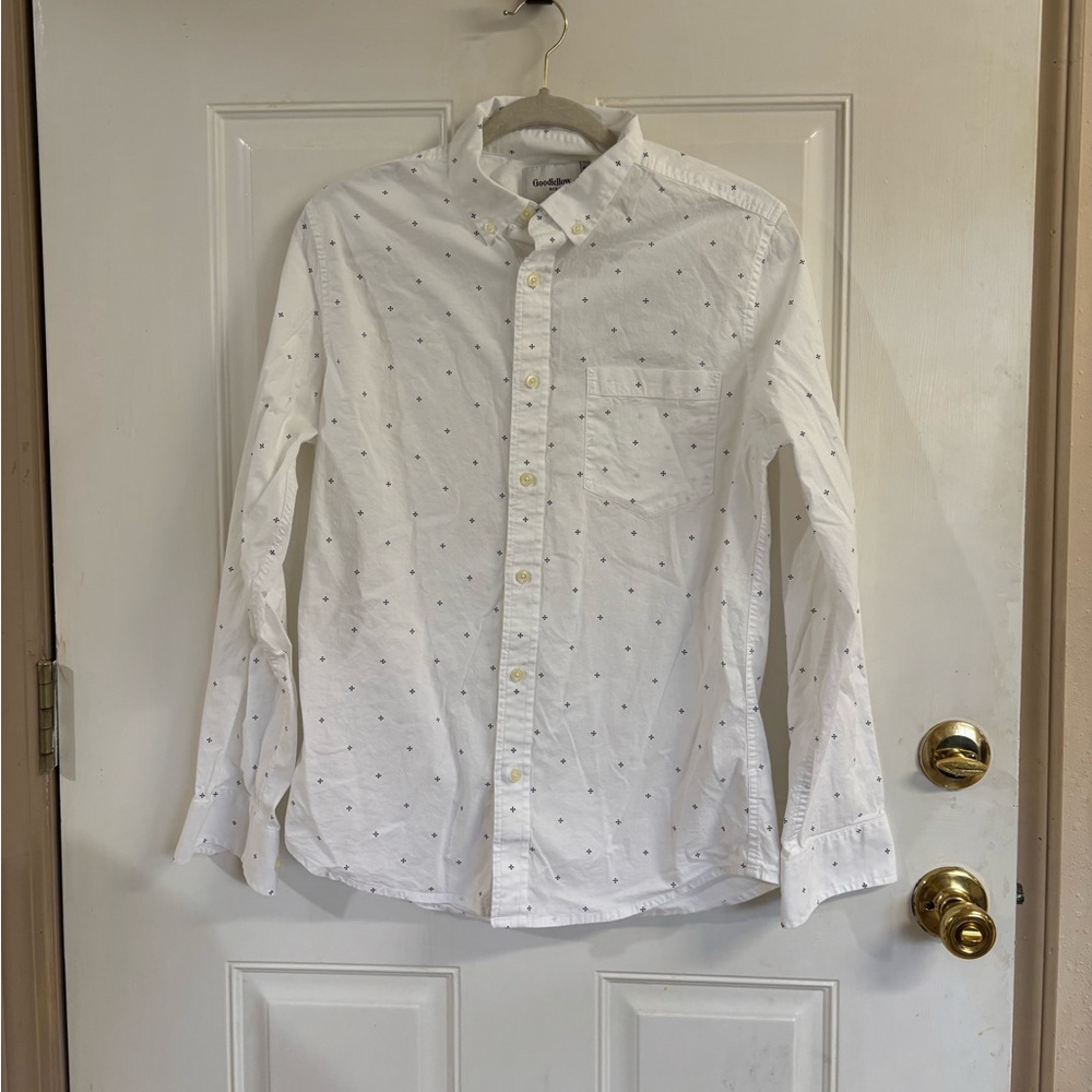 Med Goodfellow & Co White/Navy cross Slim poplin button up long sleeve shirt EUC